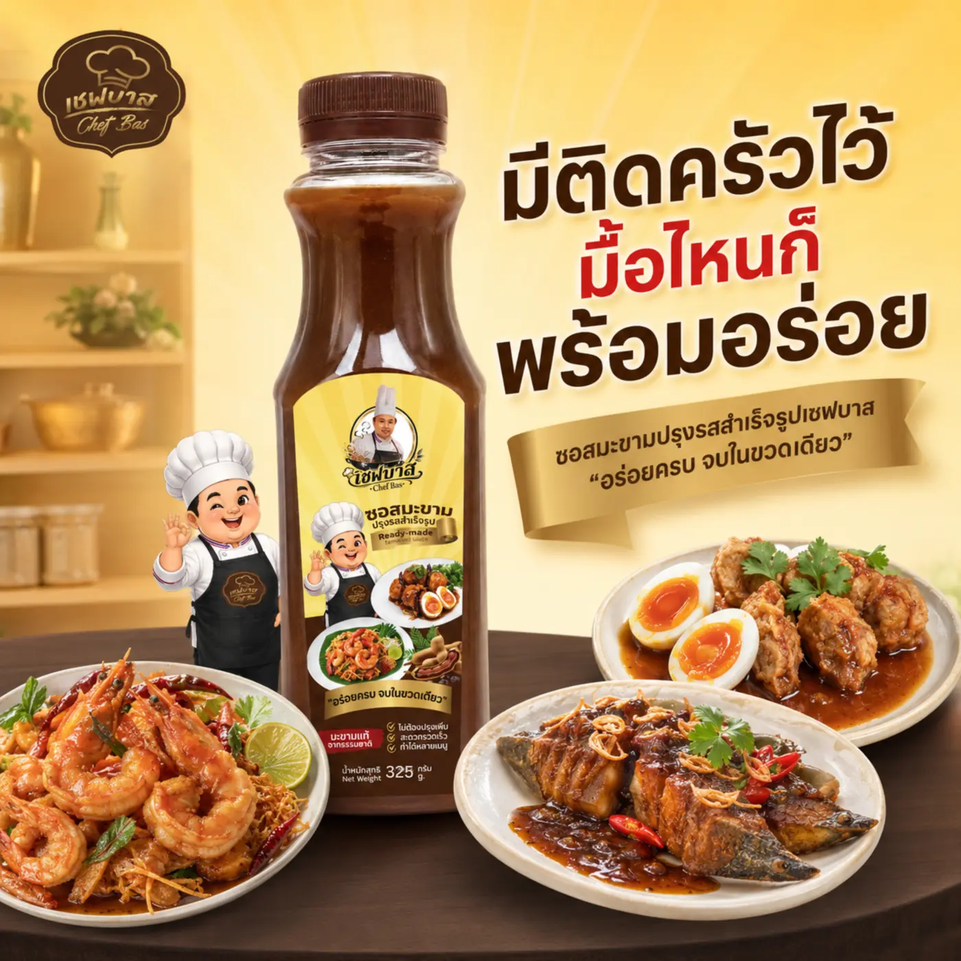 ซอสมะขามเชฟบาส 325 กรัมกับเมนูกุ้ง ปลา และไข่