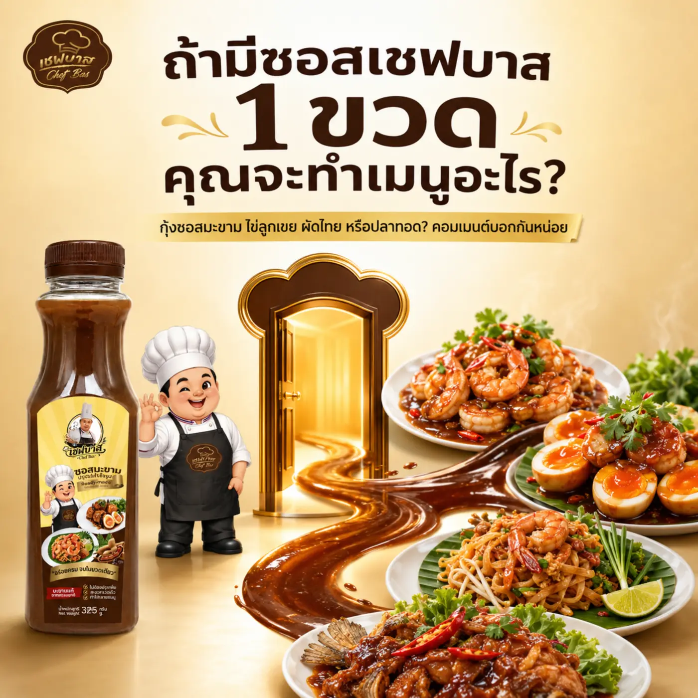 ซอสเชฟบาสหนึ่งขวดกับเมนูอาหารหลากหลาย